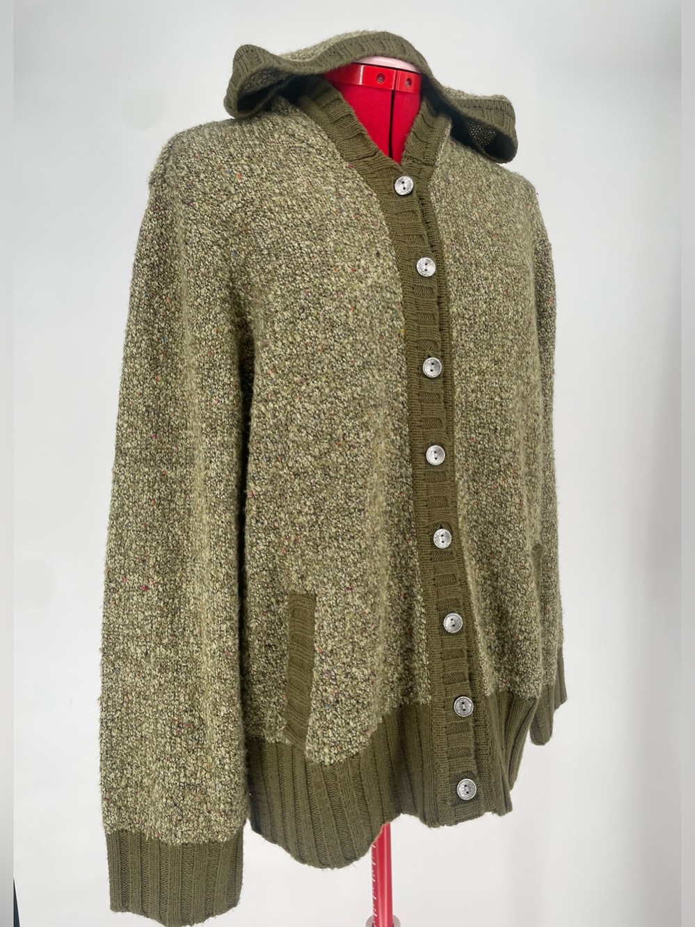 Muted Green / Olive Knit Hooded Cardigan Sweater Speckles Cozy Hoodie